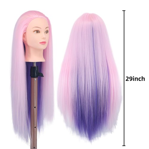 Mannequin Head with Hair, Eumos 29'' Doll Head for Hair Styling Training Head Manikin Practice Cosmetology Doll Head Styling Hairdressing Training Braiding Heads with Clamp Holder (Pink Purple)