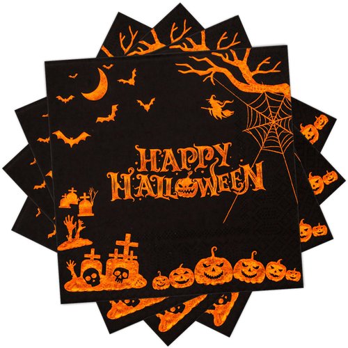 DYLIVeS Halloween Party Napkins, Orange Gold Foil Halloween Pumpkin Cemetery Bats Disposable Paper Napkins, Halloween Party Supplies for Luncheon Dessert Halloween Decorations Kids, 50 Pcs, 3 -ply