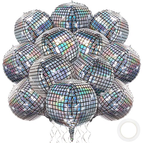 durony 12 Pieces 18 inches Disco Ball Balloons 4D Aluminum Foil Balloons Silver Party Decorations Mylar Foil Balloons for Disco Themed Party Decorations Supplies