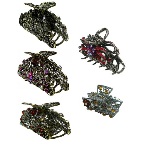 JCGY Combo Set of 5 Jaw Clips Metal Hair Claws in 2 Unique Styles RW6132jet/Fuchsia/Stopaz6207purRed