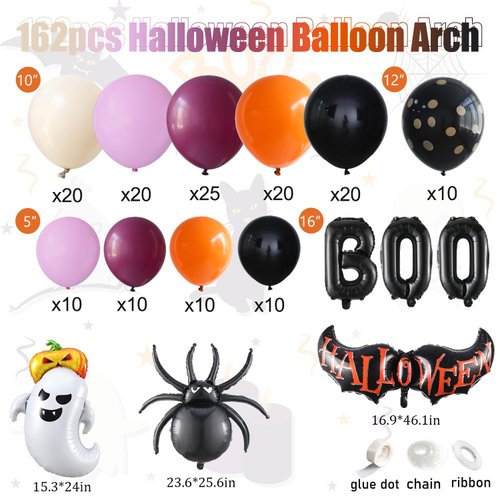 162pcs Halloween Balloons Garland Arch Kit,Black Orange Purple White Sand Balloons,Huge Spider Boo Ghost Bat Foil Balloons for Halloween Decorations Halloween Party Decorations Supplies
