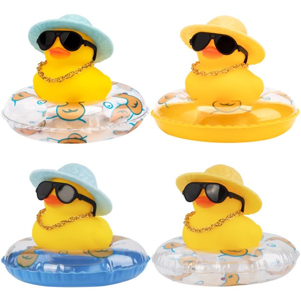 wonuu Car Duck 4Pcs Rubber Duck Car Ornaments Yellow Duck Car Dashboard Decorations with Mini Hat Swim Ring Necklace Sunglasses, Blue&Blue&Yellow&Yellow