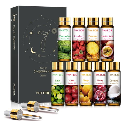 PHATOIL 9PCS Fruity Essential Oils Gift Set, 10ml/0.33fl.oz Fragrance Oils for Soap, DIY Candle, Bath Bombs Making, Fruit Scented Oils for Diffusers for Home