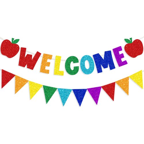 Glitter Welcome Banner with Apple Sign Colorful Glittery Pennant Banner Welcome Back to School De...