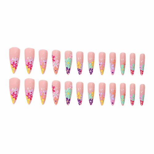 Foccna Acrylic Fake Nails Stiletto Long Press on Nails Summer Nails Flower Design Luxury Clear False Nail Tips 24 pcs