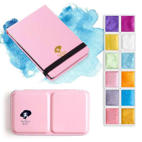 Paul Rubens Watercolor Paint Artist Grade 12 Colors, Metallic Glitter Watercolor Paints Set Solid Cakes with Palette and 100% Cotton Hot Press Watercolor Journal for Artists Painters