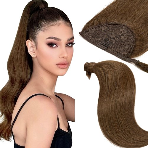 Ponytail Extension Human Hair Clip in Ponytail Hair Extensions Loxxy 100% Real Human Hair #4 18 Inch 80g Chocolate Brown Ponytail Hair Pieces for Women Silky Straight