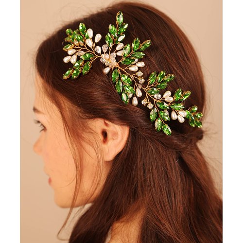 Xerling Green Rhinestones Emerald Hair Comb Vintage for Wedding Brides Pearl Hair Piece Accessory Bridal Head Piece (Emerald A)