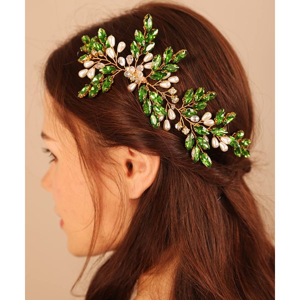 Xerling Green Rhinestones Emerald Hair Comb Vintage for Wedding Brides Pearl Hair Piece Accessory Bridal Head Piece (Emerald A)