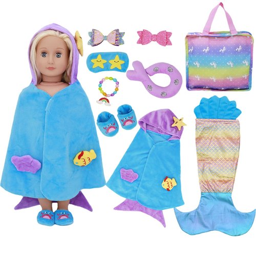 18 Inch Girl Doll Sleeping Bag and Clothes Accessories Set - Mermaid Nightgown, Sleeping Bag, Sleepover Masks, Pillow, Slippers, Storage Bag and Jewelries for Kids Birthday Xmas Gifts