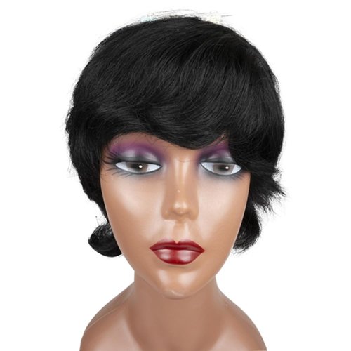 NPALO Short pixie Bob Wigs human hair Short Wavy Black Wig with Bangs Short Black Bob Wig human hair for Women Big Curly Lady Body Wave Wig (Black)