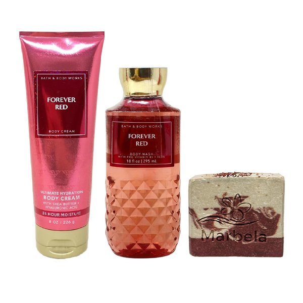 Bath & Body Works Forever Red Body Cream and Body Wash Bundle with a Cherry On Top Bar Soap - Full Size