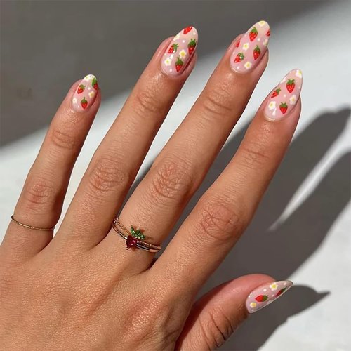 RIICFDD Almond Press on Nails Medium Fake Nails Nude Pink Full Cover Stick on Nails Strawberry Designs Press on Nail Cute False Nails Acrylic Press ons for Women Girls 24 Pcs