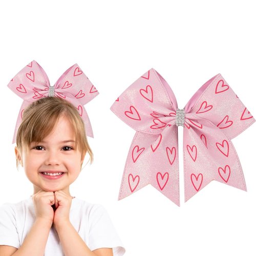 7 Inch Valentine&#39;s Day Cheer Hair Bow Ties with Elastic Love Heart Leather Ribbon Cheer Hair Bows...