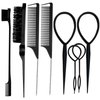ZVOREI 8Pcs Hair Brushes Set with 4Pcs Topsy Hair Tail Tools 1Pcs Bristle Teasing Hair Brush 1Pcs Edge Control Brush 2Pcs Metal Pin Rat Tail Combsfor Woman Girl Hair Styling,Edge&Back Brushing black