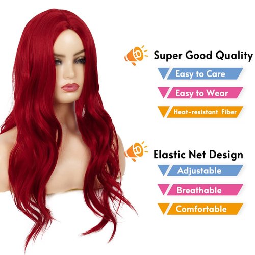 RicHyun Red Long Curly Wavy Wig Middle Part Cosplay Wig Synthetic Heat Resistant Costume Halloween Wigs for Women Girls