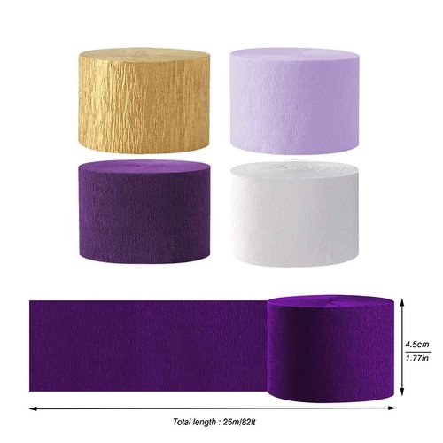AIM & GGKK Purple Gold and White Party Crepe Paper Streamers 1.8 Inch Widening 8 Rolls Party Streamer Festival Party Decorations,a roll of 25m/82ft Per Volume for Purple Gold Party