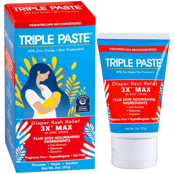 Triple Paste 3X Max Diaper Rash Ointment, Maximum Strength Zinc Oxide Ointment for Severe Diaper Rash, 2 oz Tube