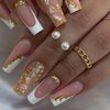 French Tip Press on Nails Long - Gold Foil Press on Nails, Square Shape Fake Nails, Shiny Glossy Nude Gel False Nails Reusable, Stick on Nails Tips Artificial Nails for Women and Girls 24 pcs