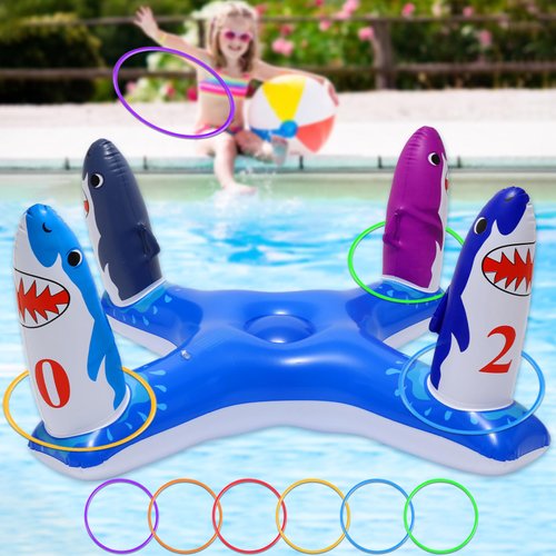 H-Style Pool Toys Pool Ring Toss Games, Inflatable Flamingo Shark Pool Toys with 6Pcs Rings for Kids and Adults, Multiplayer Summer Swimming Pool & Beach Party Funny Games for Friends and Family