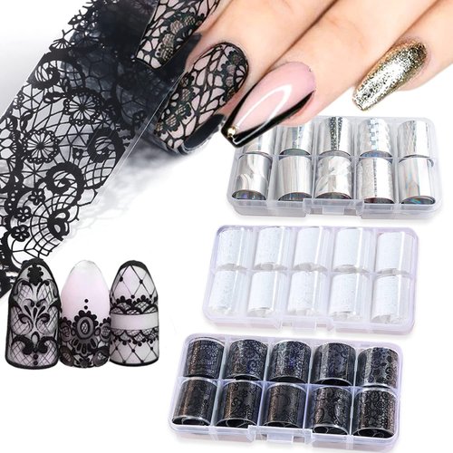 Nail Foil Transfer, DANNEASY 30 Roll Black White Laser Lace Nail Foils Retro Nail Stickers Holographic Nail Art Foil Transfer Starry Sky Nail Design Stickers Nail Decals for Women Kids