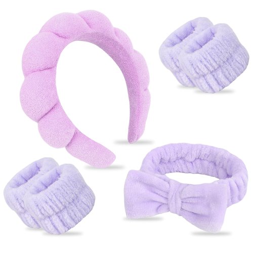 ACO-UINT 6Pcs Spa Headbands and Wrist Washbands Set, Skincare Headbands Sponge Face Wash Headband Makeup Headband, Terry Cloth Headbands Face Towel Wristbands Puffy Hair Band for Washing Face