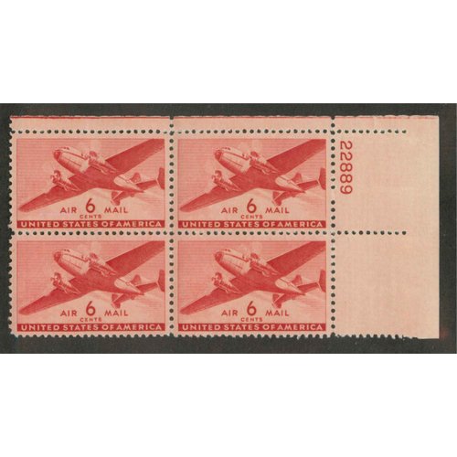 Twin-Motor Airplane 1941 Plate Block of 4 Postage Stamps Catalog Number C25 Mint Never Hinged