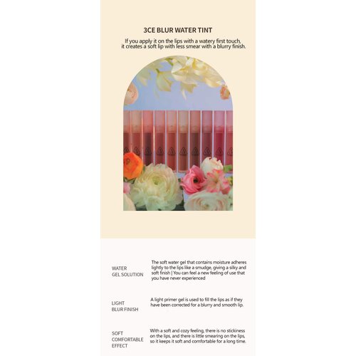 3CE BLUR WATER TINT(4.6g) soft lip with less smear with a blurry finish (#CORAL MOON) with sun cream(1ml*3ea)