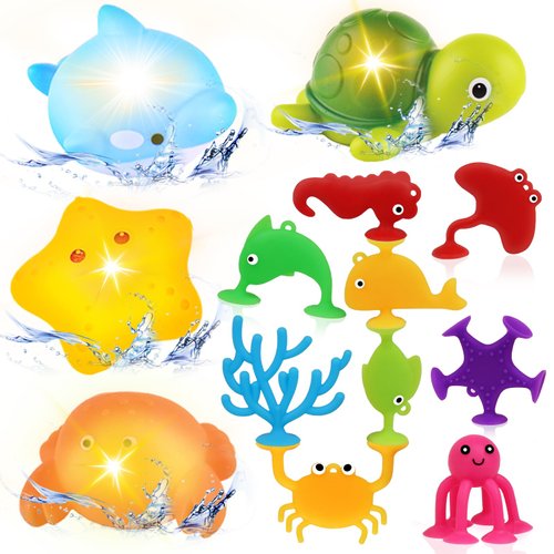 Baby Bath Toys for Kids Ages 1-3, No Hole Light Up Bath Toys for Babies 6-12 Months, Sensory Suction Cup Bath Toys for Toddlers 2-4, Ocean Animal Bathtub Pool Toys Gifts for 1 2 3 Year Old Boy Girl