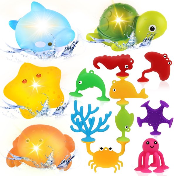 Baby Bath Toys for Kids Ages 1-3, No Hole Light Up Bath Toys for Babies 6-12 Months, Sensory Suction Cup Bath Toys for Toddlers 2-4, Ocean Animal Bathtub Pool Toys Gifts for 1 2 3 Year Old Boy Girl