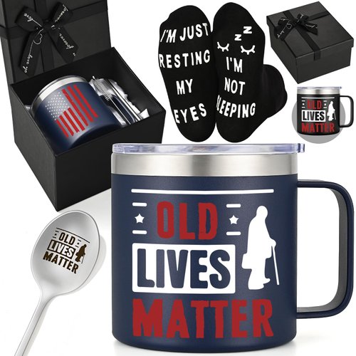 LiqCool Birthday Gifts for Men, Funny 14 Oz Old Live Matter Mug & Ice Cream Spoon & Socks Gift Set, Cool Unique Gifts Ideas on Birthday Christmas for Dad Husband Brother(BL)