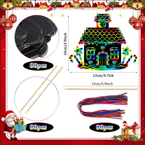 Motipuns 80 Pcs Christmas Gingerbread House Scratch Cards for Boys Girls Rainbow Christmas Ornaments Christmas Crafts for Winter Xmas Holiday Party Supplies Home Classroom DIY Activities