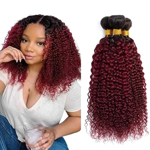1b99j Bundles Human Hair Ombre Burgundy Kinky Curly Bundles 12 14 16 inch Double Weft Burgundy Human Hair Bundles Brazilian Virgin Remy Hair Extensions Two Tone Black To Burgundy Bundles Hair Weave