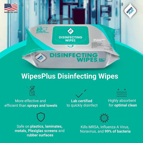 WipesPlus Disinfecting Wipes - Industrial Strength Sanitizing Wipes - Pack of 80 Disinfectant Wipes - Made in the USA