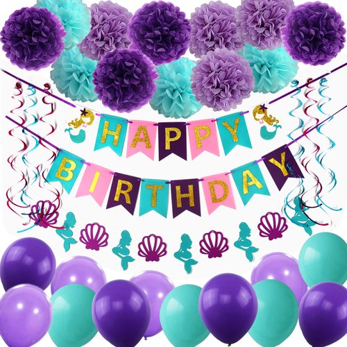 THAWAY Mermaid Party Supplies Birthday Decorations , Happy Birthday Banners , Pom Poms Flowers, Hanging Swirl, Balloons for Girl's Birthday Party and Baby Shower Party Decorations