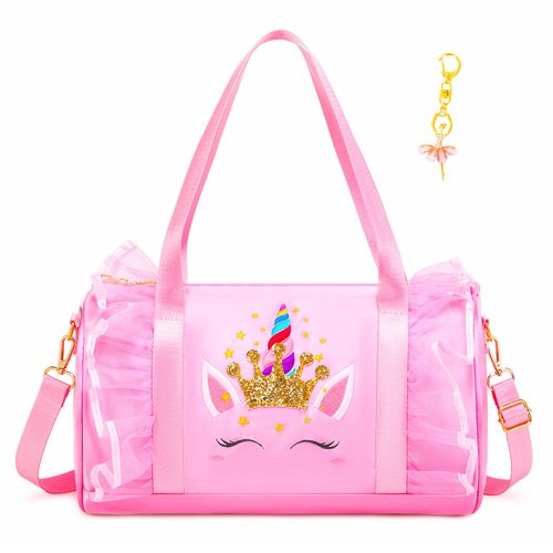 Dorlubel Cute Ballet Dance Bag Gym Travel Duffle Bag for Girls Tutu Dress Bag with Key Chain for Girls (Pink4 of Long Mesh)