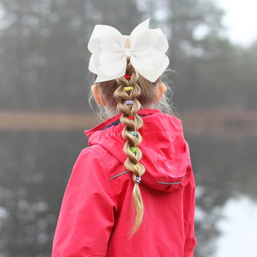 7PCS Girls Hair Ties Grosgrain Ribbon Bows ​Elastic Hair Ties Ponytail Holders for Toddlers Kids Children Teen (White)