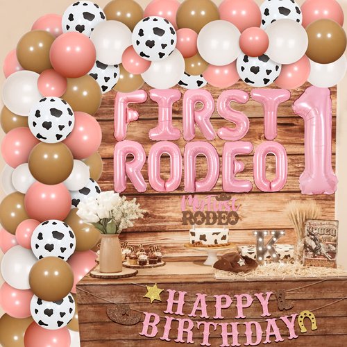 First Rodeo Birthday Party Decoration Western Cowgirl 1st Birthday Balloon Garland Kit with Cowgirl Happy Birthday Banner My First Rodeo Cake Topper for Western Theme Bday Party Supplies