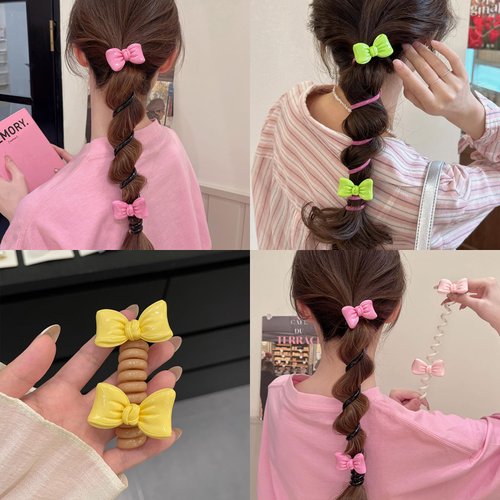 5 Pcs Bowknot Braided Telephone Wire Hair Bands Elastic Spiral Hair Ties Phone Cord for Women Colorful Cute Ponytail Holder Accessories