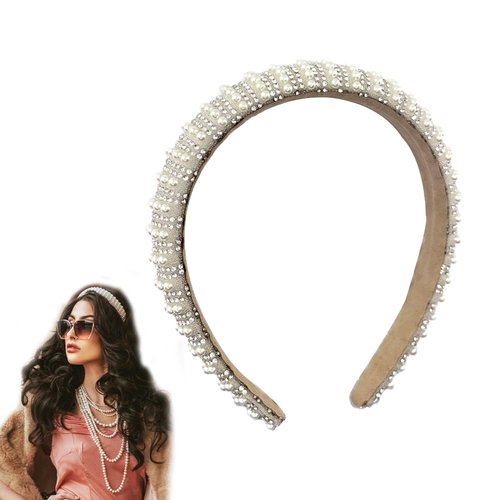 AWOCAN Pearl Headband Wide Hair Hoop for Women Thick Padded Hair Band Brides Hairbands Bling Crystal Hairband for Wedding Party Birthday Casual Dress (white, L)