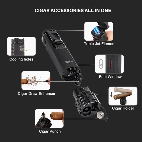 All-in-one Cigar Torch Lighter with Triple Flame, 2 Cigar Holders, Cigar Draw Enhancer, Cigar Punch, Cigar Accessories for Men's Gifts, Refillable Windproof Butane Cool Lighters for Smoking, Candles