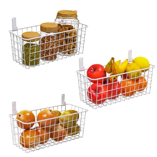 Joben Oligey 3 Set Hanging Wire Baskets ,Wall Mount Fruit Basket,No Drilling,Adhesive Small Metal Basket,Farmhouse Food Storage Mesh Bin Kitchen Pantry Laundry Bathroom Closet Garage RV ,White