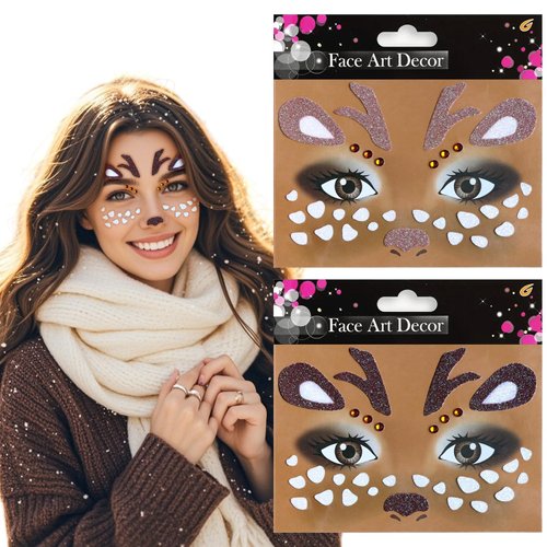 2Pcs Cute Deer Face Stickers Animal Face Jewel Sticker Christmas Face Sticker Glitter Sparkling Face Art Stickers Party Face Eye Decoration for Christmas Make Up Party 2Pcs