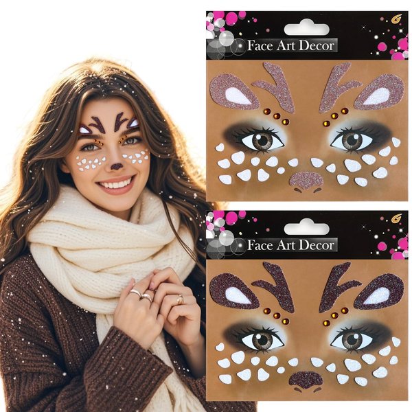 2Pcs Cute Deer Face Stickers Animal Face Jewel Sticker Christmas Face Sticker Glitter Sparkling Face Art Stickers Party Face Eye Decoration for Christmas Make Up Party 2Pcs