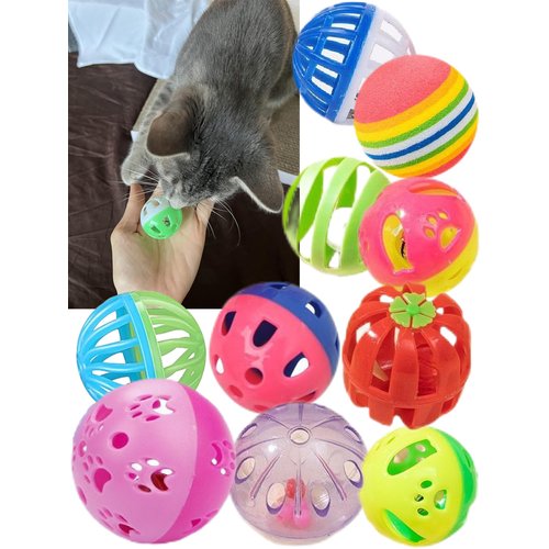 HEUHAI 10 Pack Cat Toy Balls - Multi-Colored with Bells, Enduring Plastic, Indoor Play for All Cats, 1.5" to 2.2"