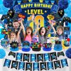 Video Game 10th Birthday Party Decorations Blue Black Happy Birthday Level 10 Banner Backdrop Honeycomb Centerpieces Hanging Swirls Tissue Paper Pompoms for Boy 10 Years Old Game Controller Supplies