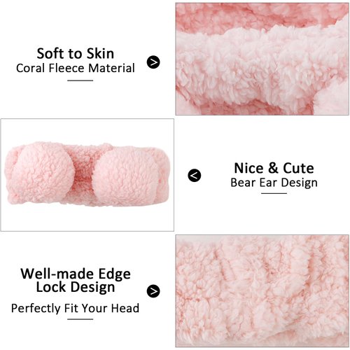 Ondder 2 Pcs Bear Ears Skincare Headbands Cure Makeup Headband Pink Spa Headband for Washing Face White Face Wash Headband Facial Headband Head Band Hair Band for Makeup Cosmetic Spa Party