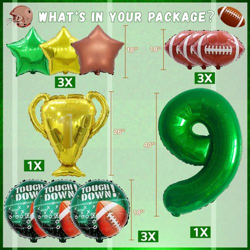 14Pcs Football Balloons, Football Birthday Party Decorations Sports Theme Birthday Party Decoration Include 40Inch Green Number Balloon for 9th Football Birthday Party Supplies