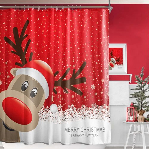 Crystal Emotion Decration colletion Decor,Bath Decor, Waterproof Polyester Shower Curtain with Christmas Reindeer Merry Christmas Happy New Year