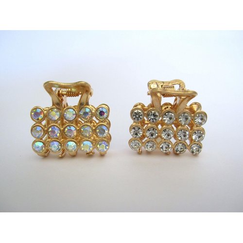Generic Small mini gold square shaped metal hair claw clip with crystals (Primary color: Clear), 1 Count (Pack of 1)